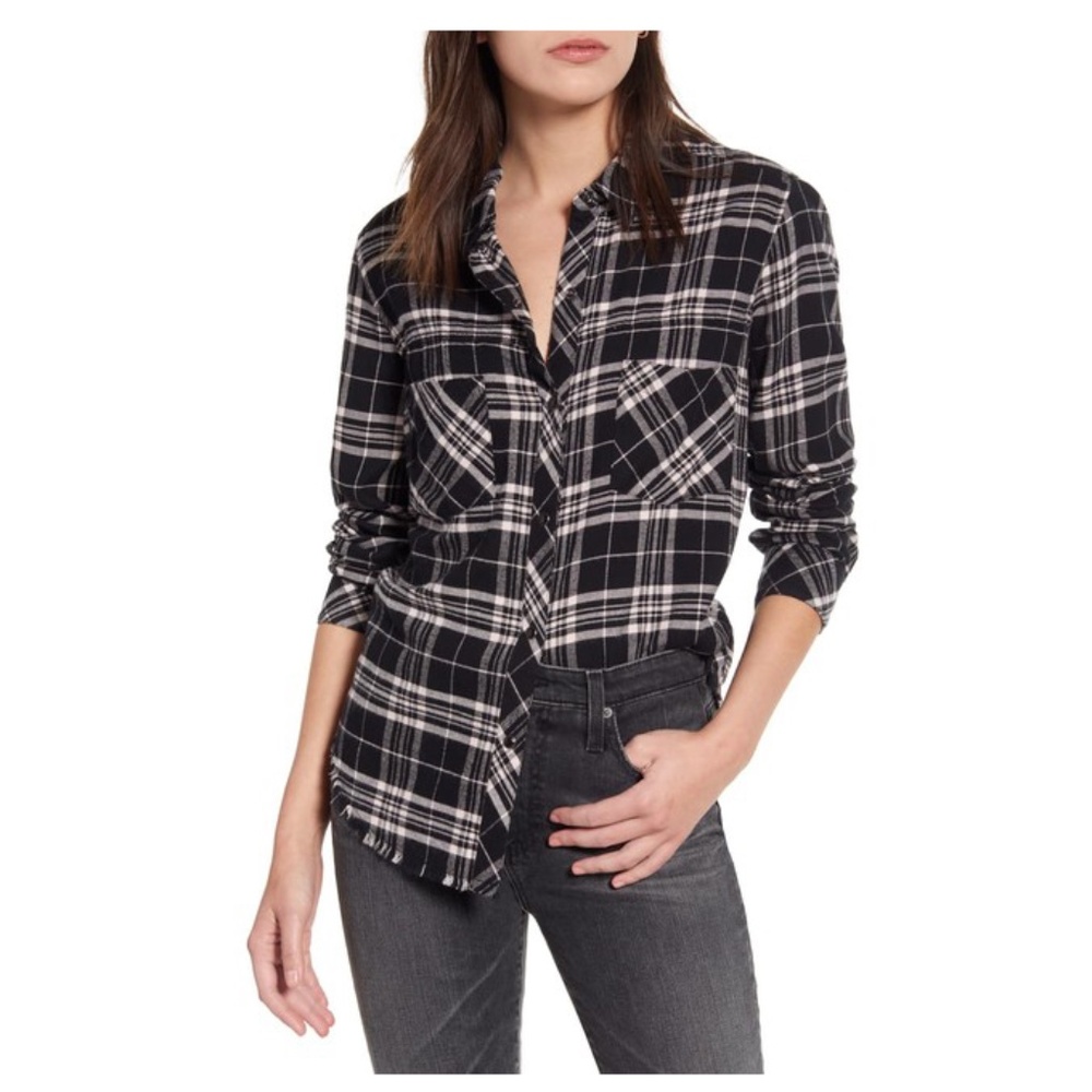 NWT Rails Leo Plaid Flannel Shirt in onyx peach navy size small and XS